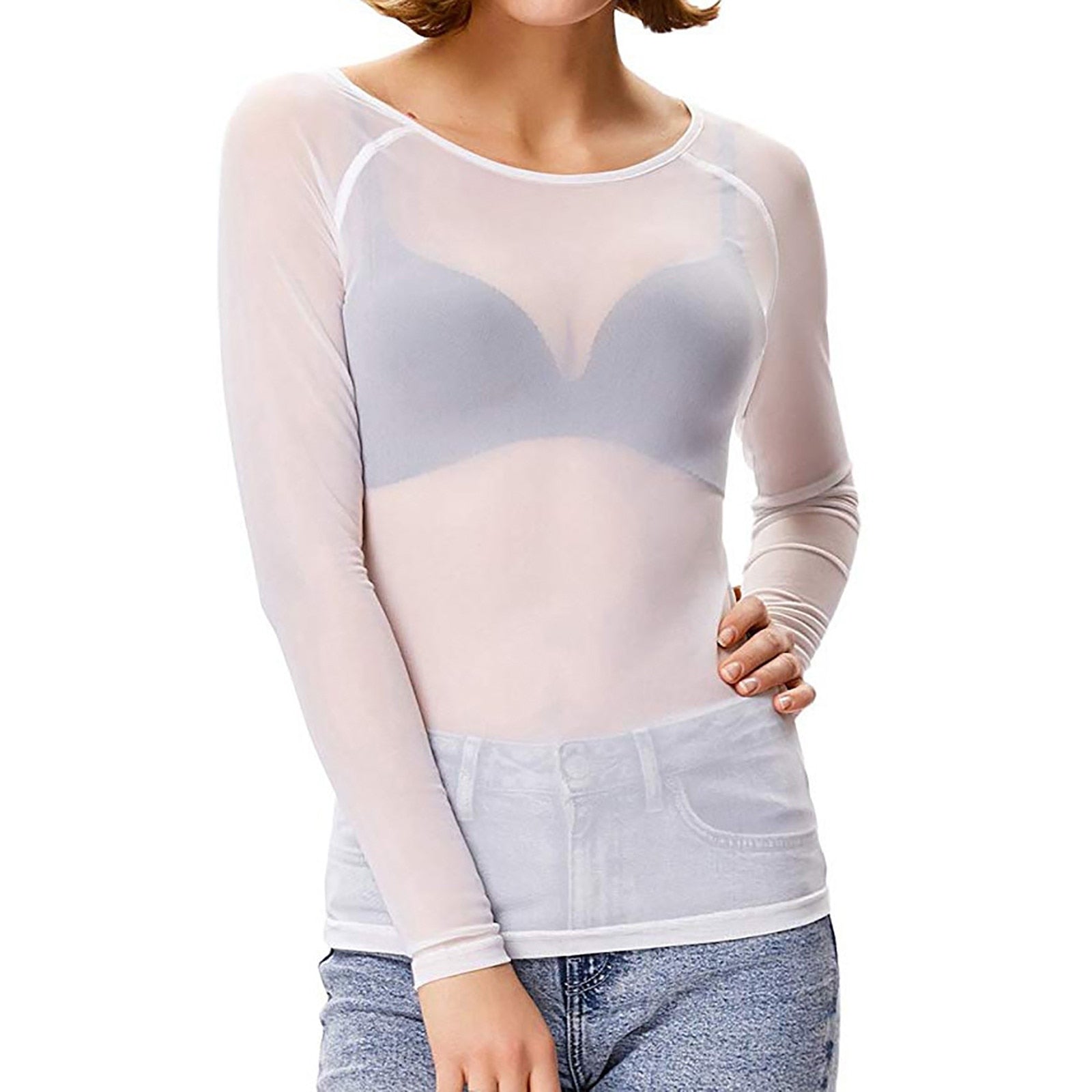 Dames Mesh Top met Lange Mouwen Wit