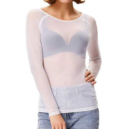 Dames Mesh Top met Lange Mouwen Wit