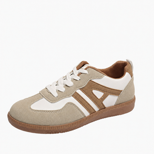Dames Sneakers met Vetersluiting en Kleurblok Design Khaki Wit
