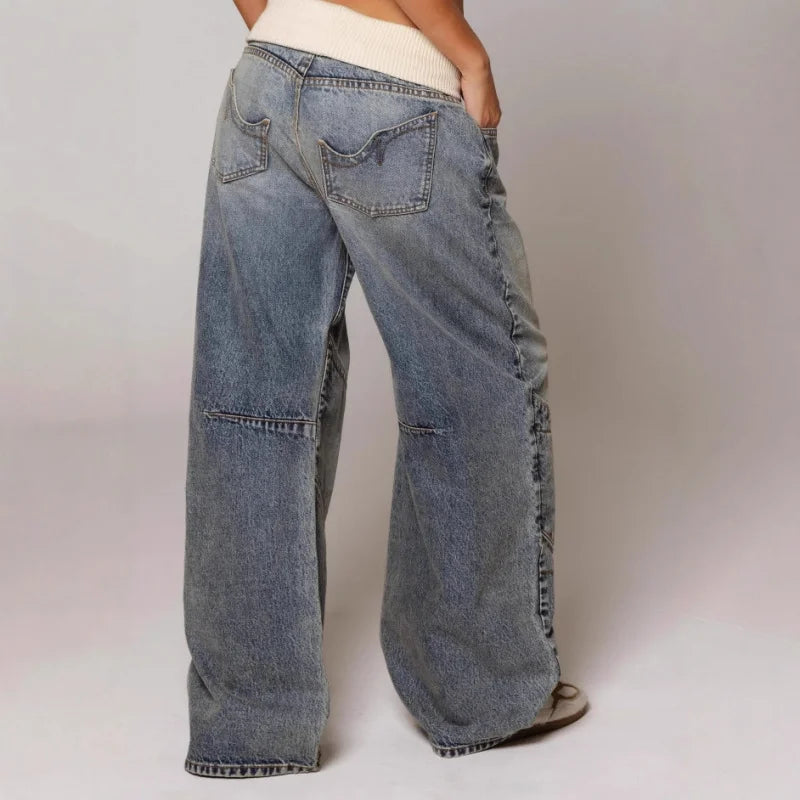 Dames Baggy Jeans met Wijde Pijpen en Rib Tailleband