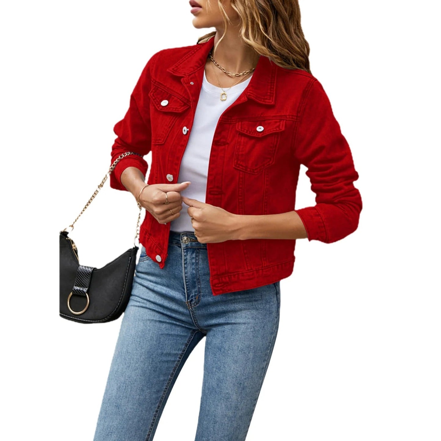 Dames Spijkerjack Kort met Knoopsluiting Rood