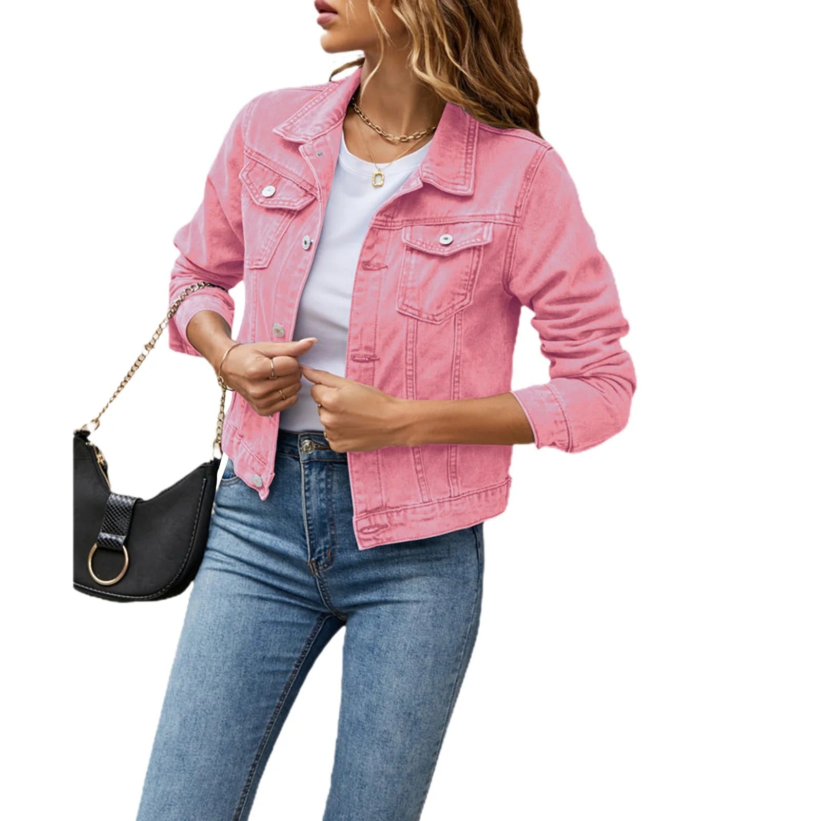 Dames Spijkerjack Kort met Knoopsluiting Roze