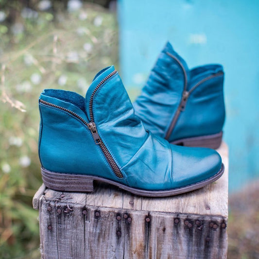 Dames Enkellaarsjes met Zijrits en Blokhak Blauw
