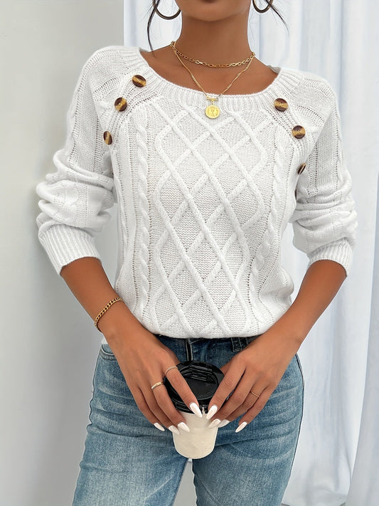 Dames Gebreide Sweater met Ronde Hals en Knoopdetails op de Schouder Wit