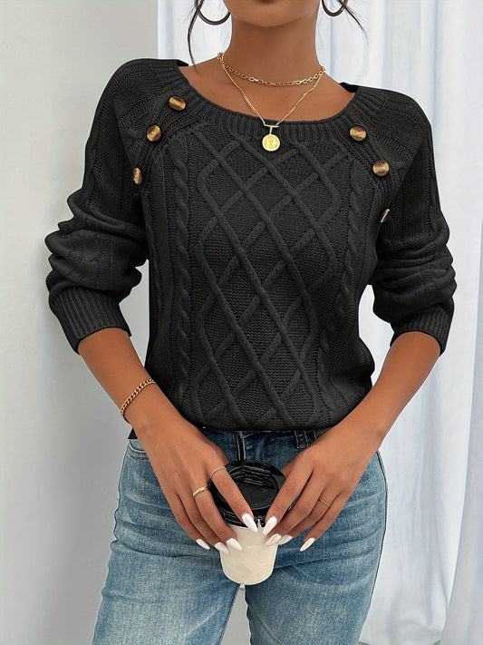 Dames Gebreide Sweater met Ronde Hals en Knoopdetails op de Schouder Zwart