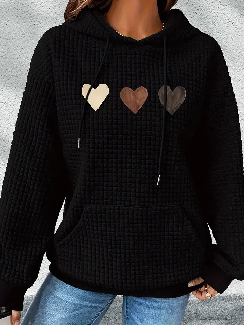 Dames Hoodie Wafelstof met Hartjes Print Zwart