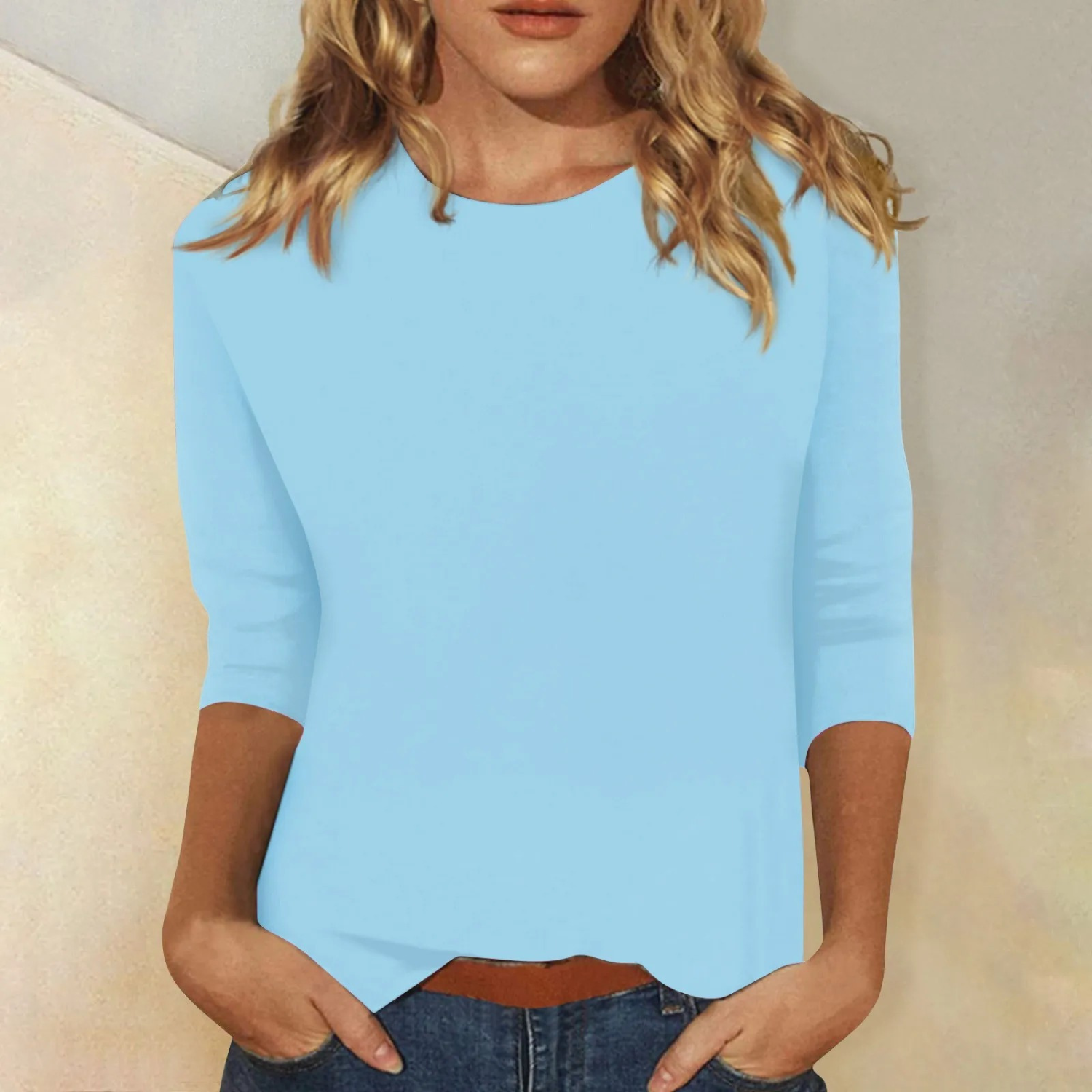 Dames Effen Shirt met Lange Mouwen en Ronde Hals Lichtblauw