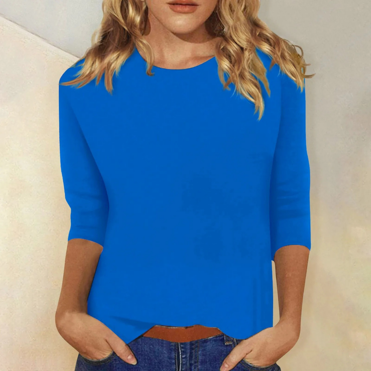 Dames Effen Shirt met Lange Mouwen en Ronde Hals Blauw