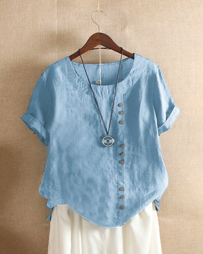 Dames Top met Knoopdetails en Korte Mouwen Lichtblauw
