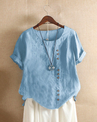 Dames Top met Knoopdetails en Korte Mouwen Lichtblauw
