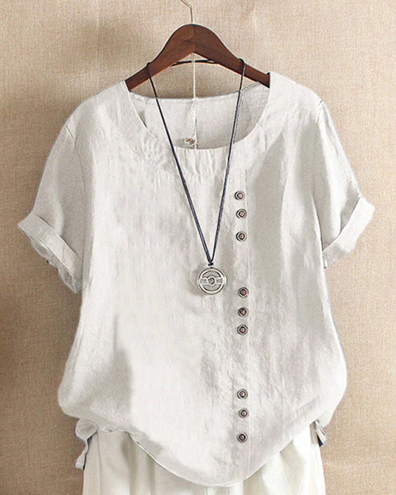 Dames Top met Knoopdetails en Korte Mouwen Wit