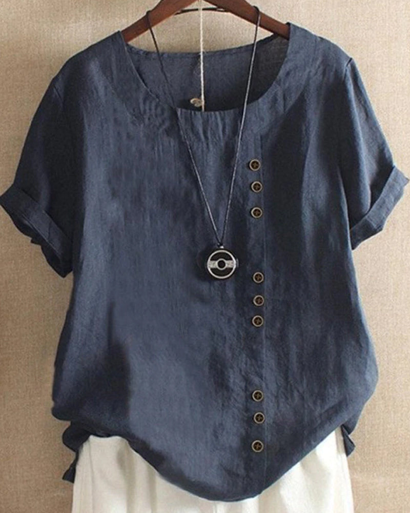 Dames Top met Knoopdetails en Korte Mouwen Donkerblauw