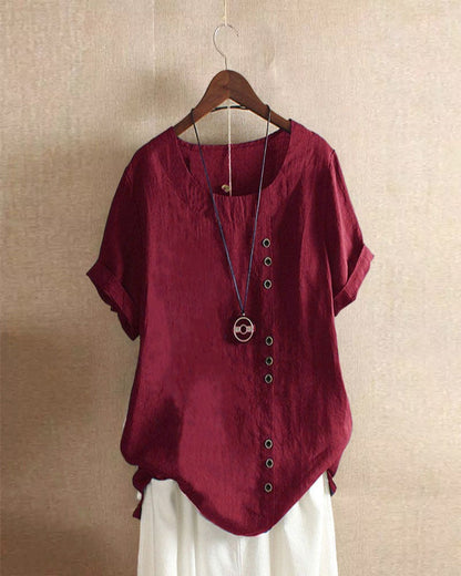 Dames Top met Knoopdetails en Korte Mouwen Bordeauxrood