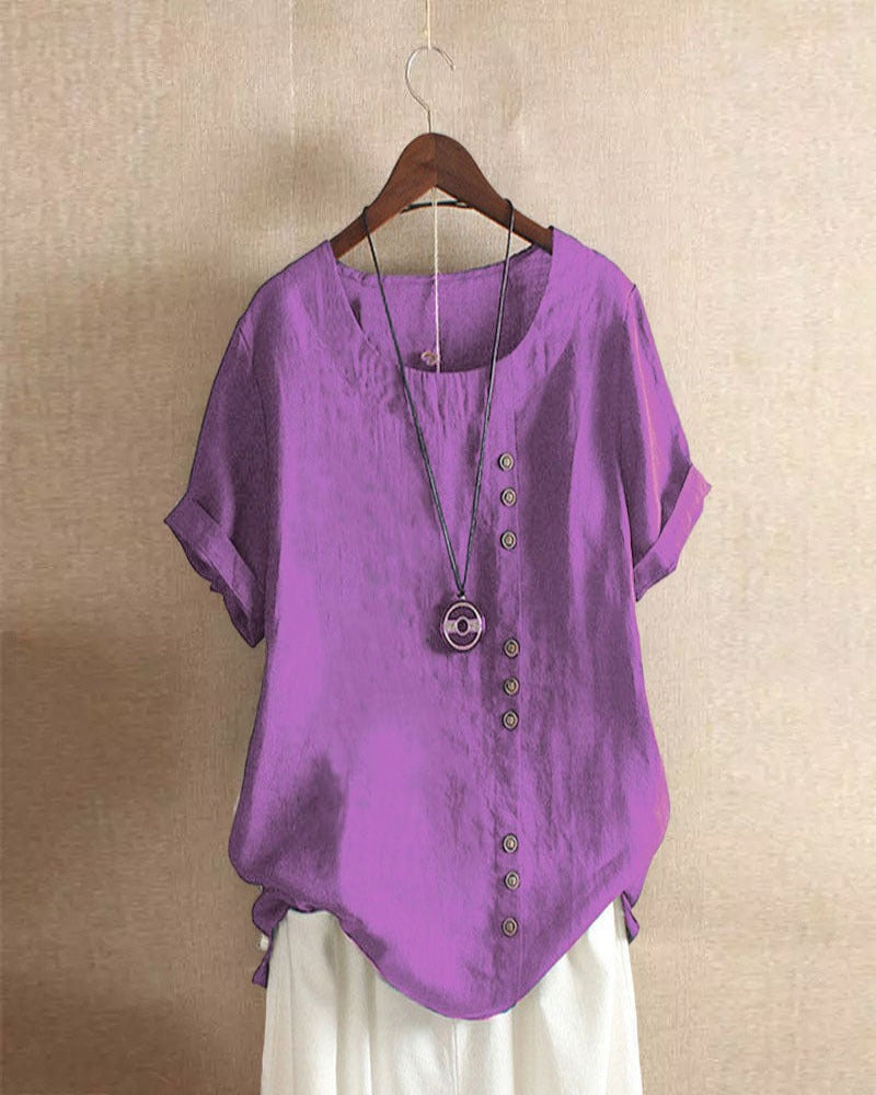 Dames Top met Knoopdetails en Korte Mouwen Paars