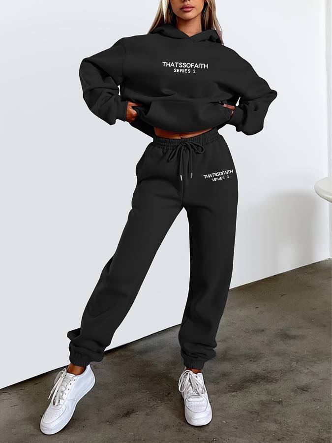 Dames Streetwear Jogging Set met Hoodie en Rechte Broek Zwart