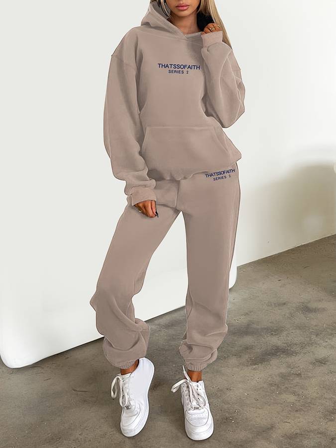 Dames Streetwear Jogging Set met Hoodie en Rechte Broek Khaki
