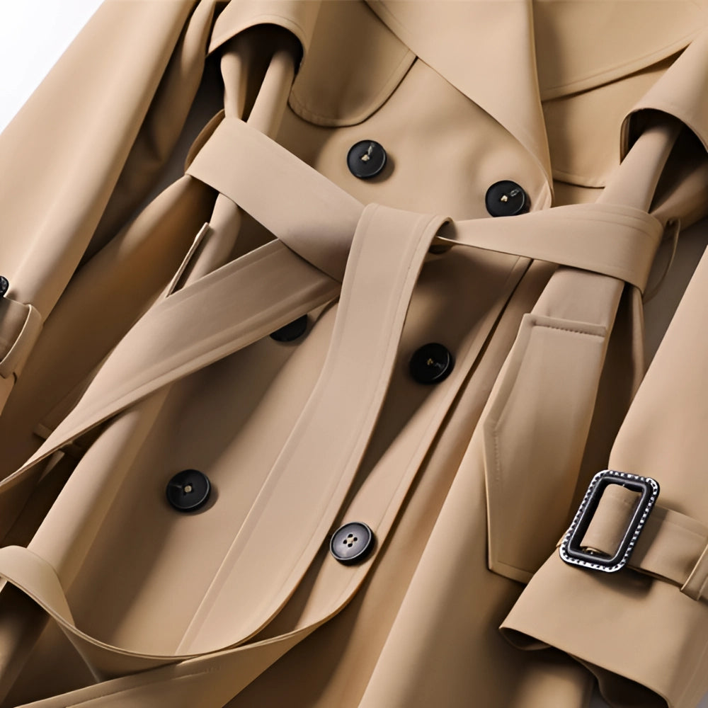 Women's Trench Coat with Double Buttons and Adjustable Belt