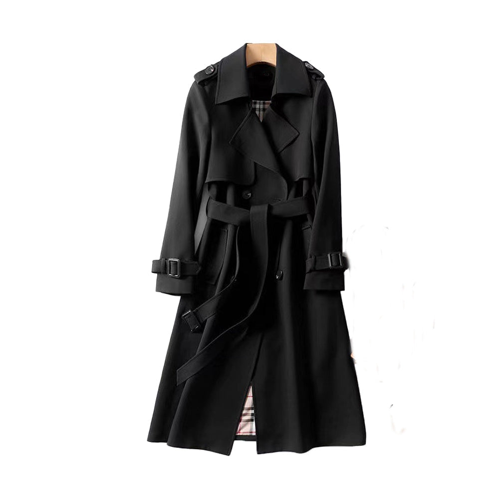Women's Trench Coat with Double Buttons and Adjustable Belt Black