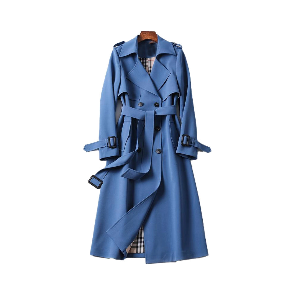 Dames Trenchcoat met Dubbele Knopen en Verstelbare Ceintuur Blauw
