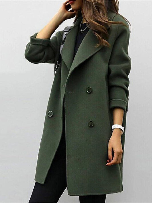 Dames Lange Trenchcoat met Dubbele Rij Knopen en Reverskraag Donkergroen