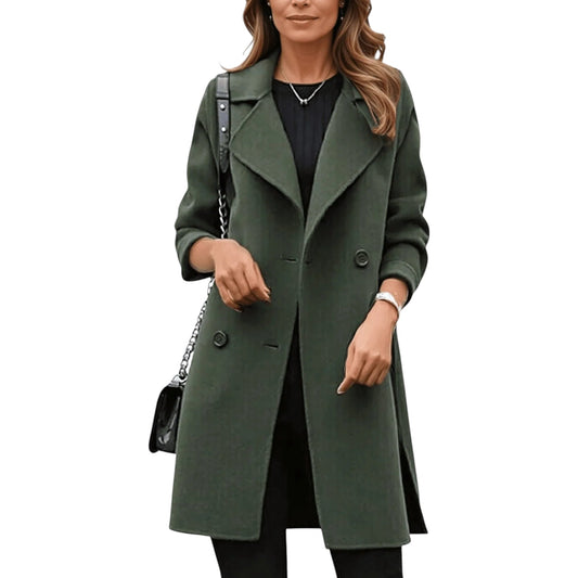 Dames Lange Trenchcoat met Dubbele Rij Knopen en Reverskraag