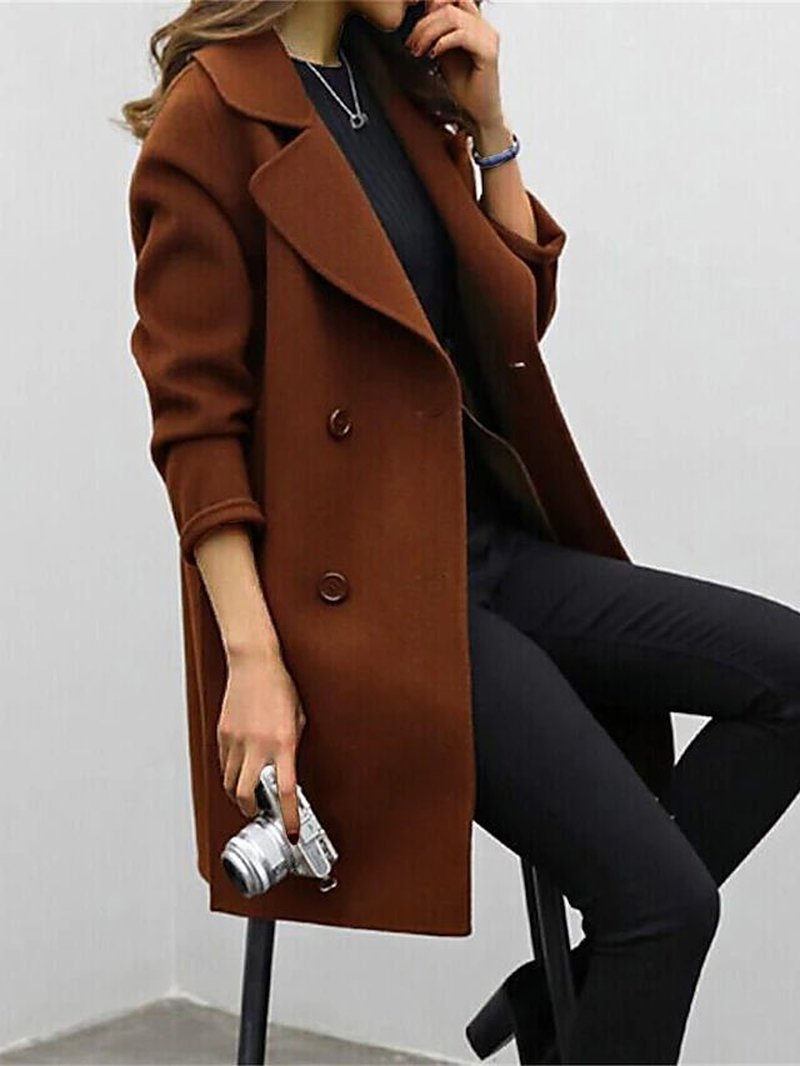 Dames Lange Trenchcoat met Dubbele Rij Knopen en Reverskraag Bruin