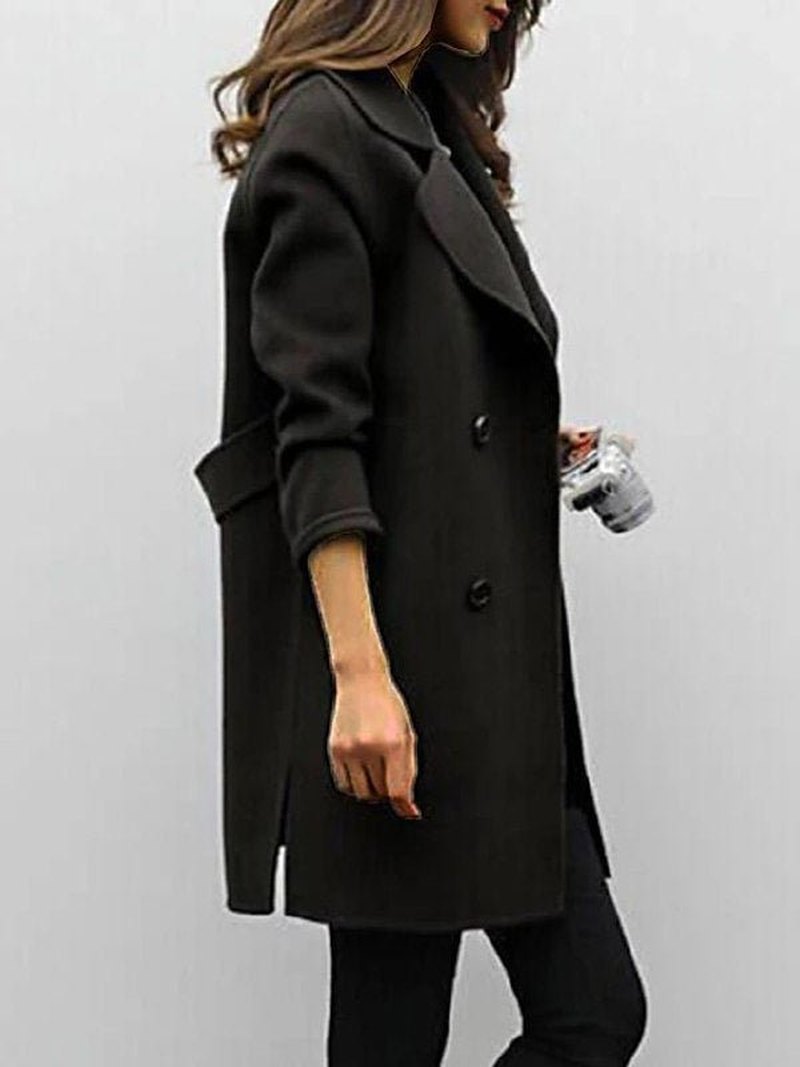 Dames Lange Trenchcoat met Dubbele Rij Knopen en Reverskraag Zwart