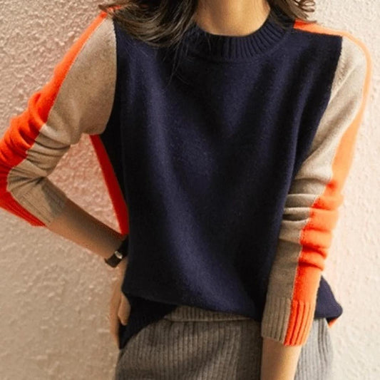 Dames Trui Lange Mouwen met Grafisch Kleurblokontwerp Blauw Oranje Beige