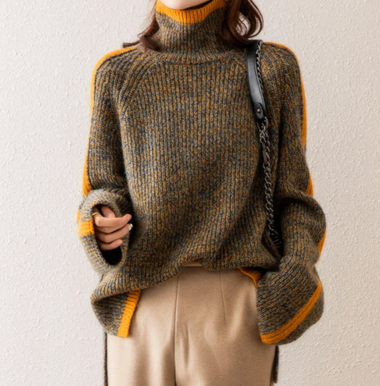 Dames Oversized Trui Gebreid met Asymmetrische Zoom en Oranje Details Donkerbruin