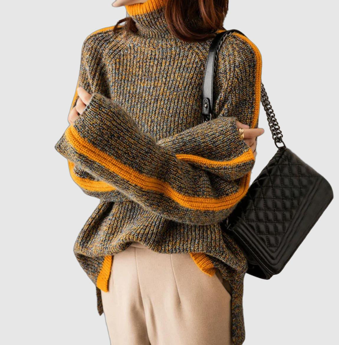 Dames Oversized Trui Gebreid met Asymmetrische Zoom en Oranje Details