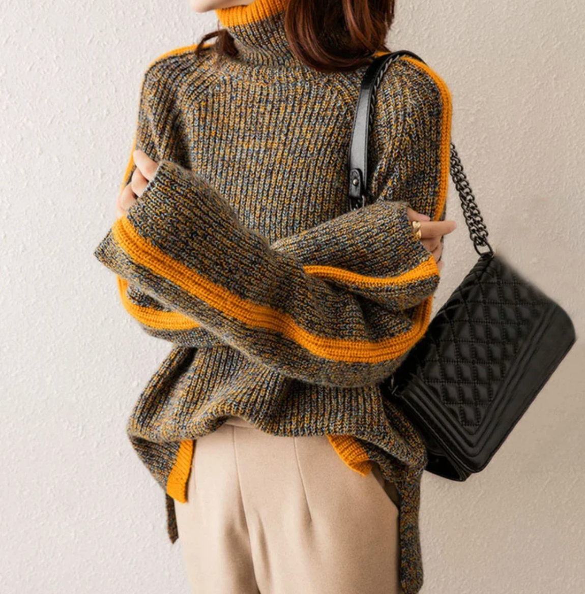 Dames Oversized Trui Gebreid met Asymmetrische Zoom en Oranje Details