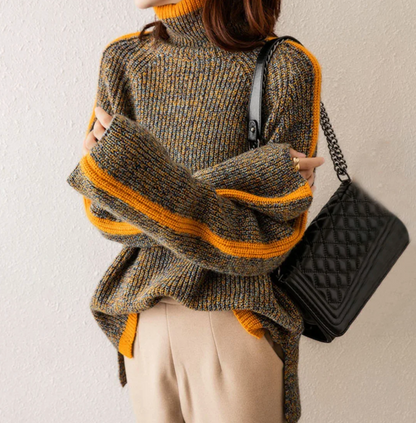 Dames Oversized Trui Gebreid met Asymmetrische Zoom en Oranje Details