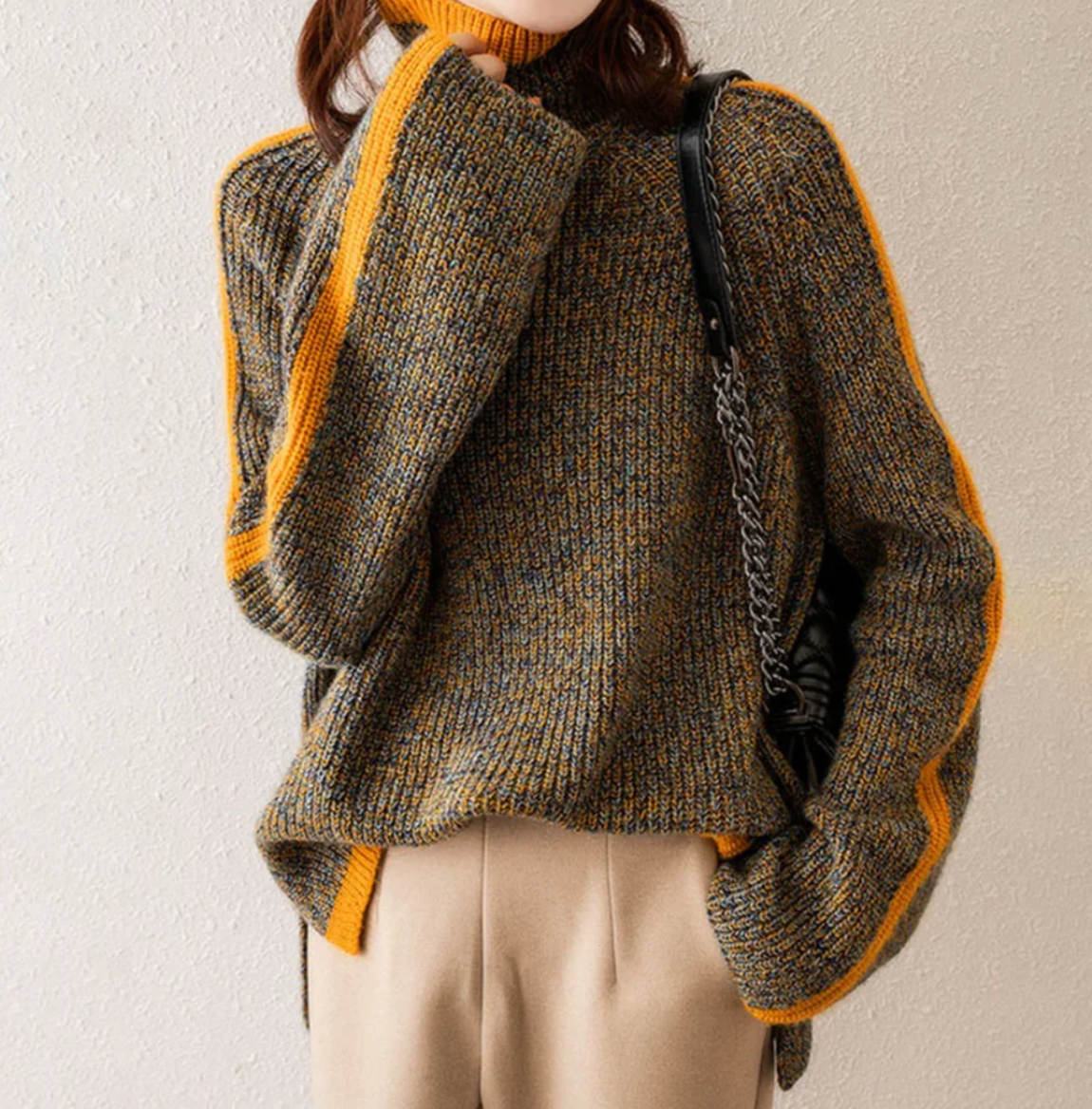 Dames Oversized Trui Gebreid met Asymmetrische Zoom en Oranje Details
