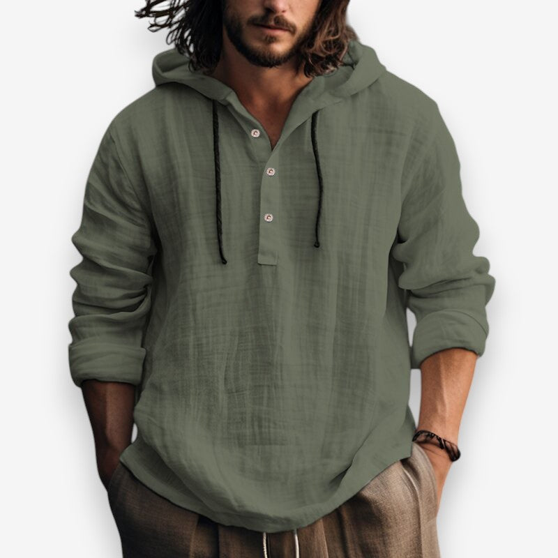Heren Hoodie met Capuchon en Knoopsluiting in Relaxte Pasvorm Olijfgroen