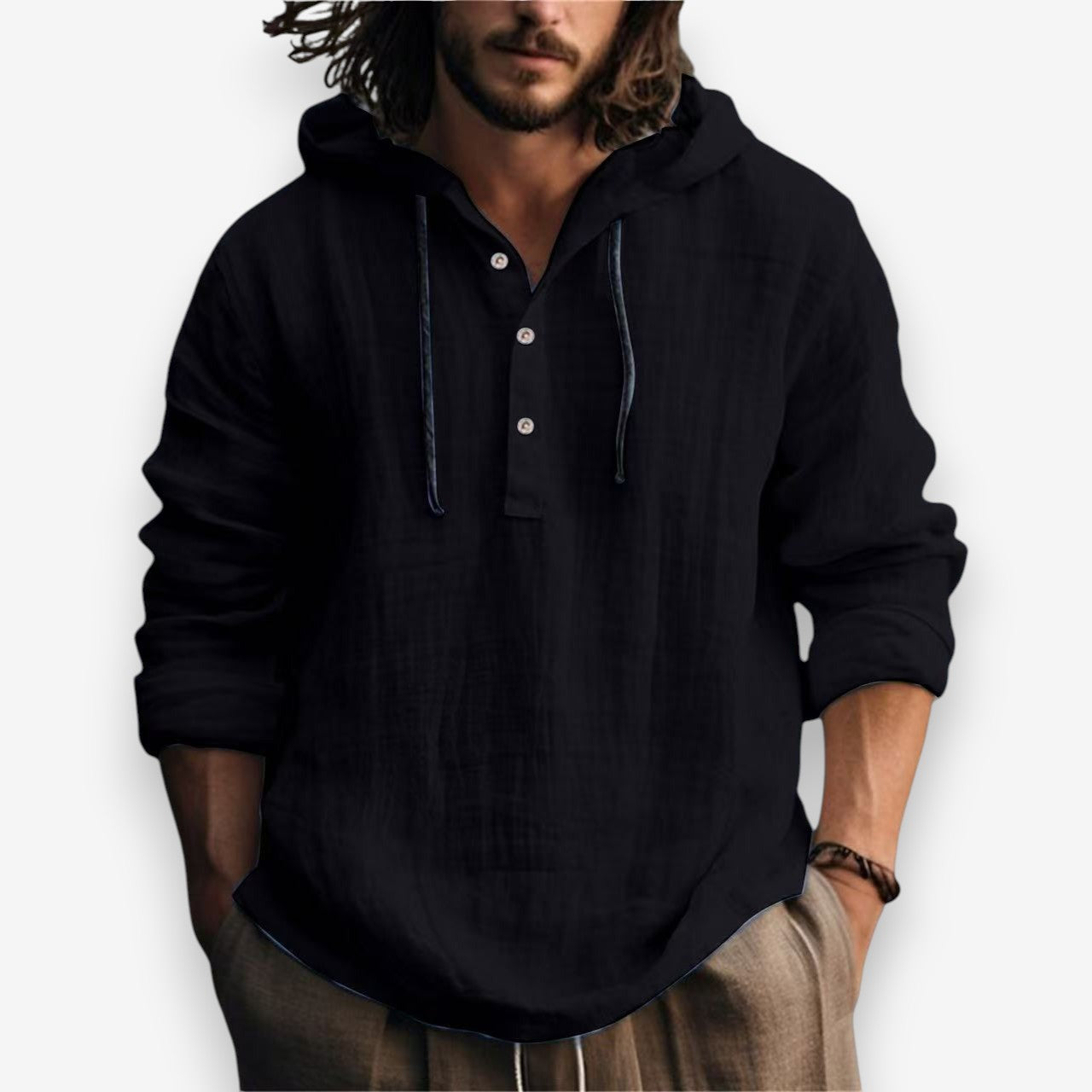 Heren Hoodie met Capuchon en Knoopsluiting in Relaxte Pasvorm Zwart