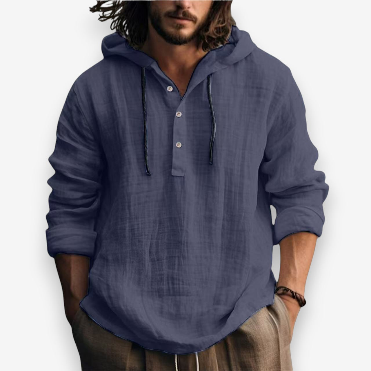 Heren Hoodie met Capuchon en Knoopsluiting in Relaxte Pasvorm Marineblauw