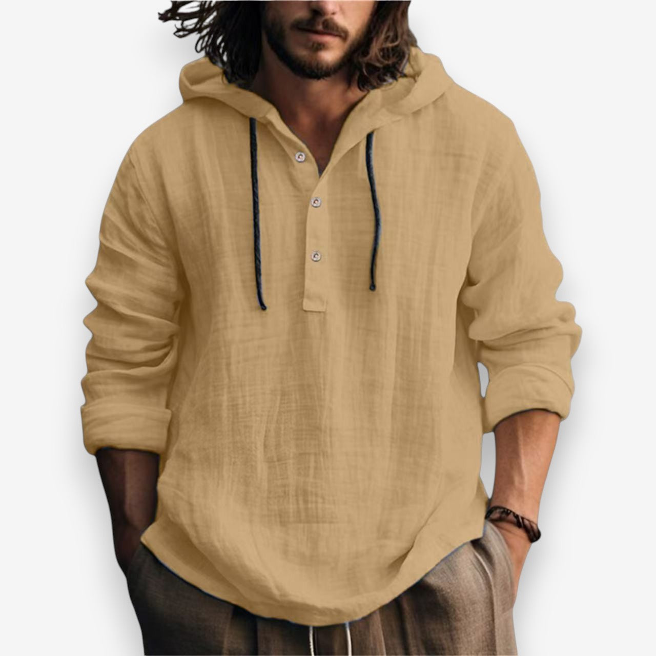 Heren Hoodie met Capuchon en Knoopsluiting in Relaxte Pasvorm Abrikoos