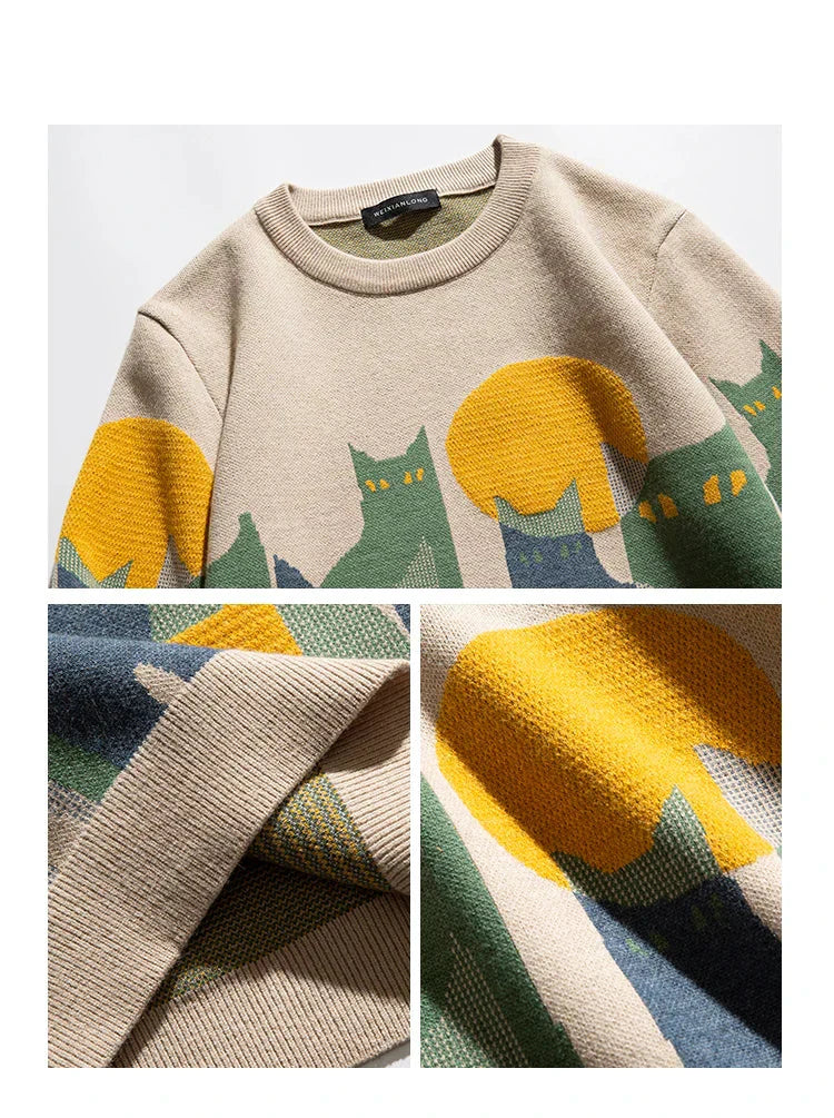 Dames Trui met Kattenprint en Ronde Hals