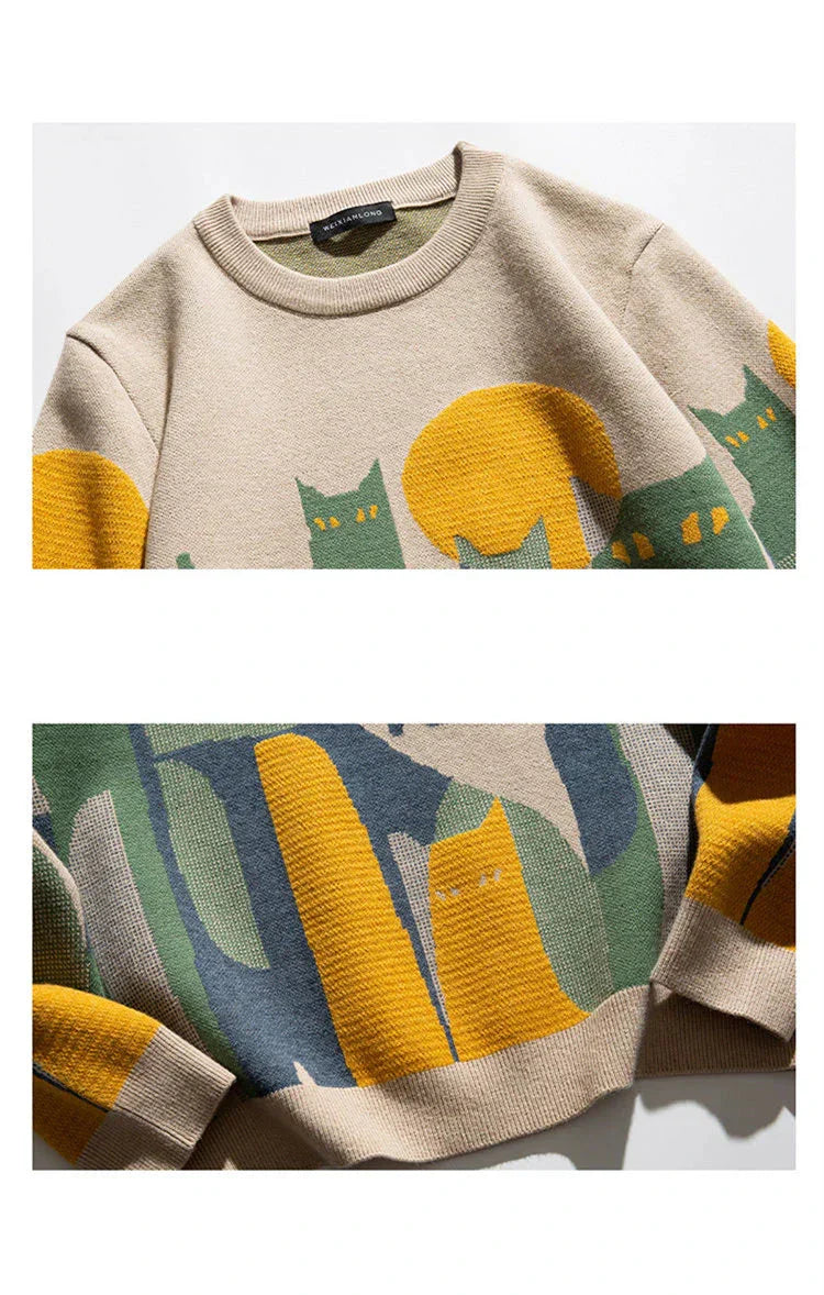 Dames Trui met Kattenprint en Ronde Hals