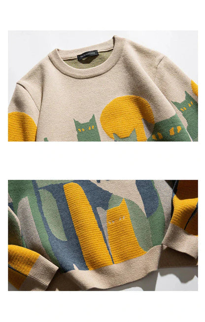 Dames Trui met Kattenprint en Ronde Hals