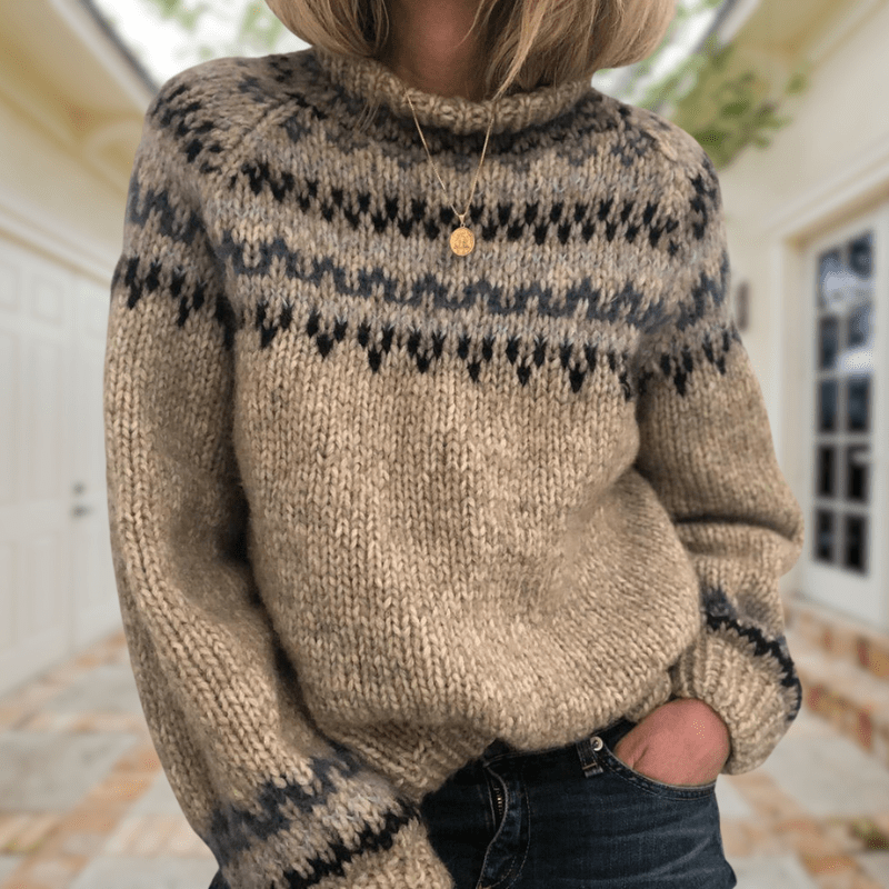 Dames Gebreide Trui met Ronde Hals en Scandinavisch Patroon Lichtbruin