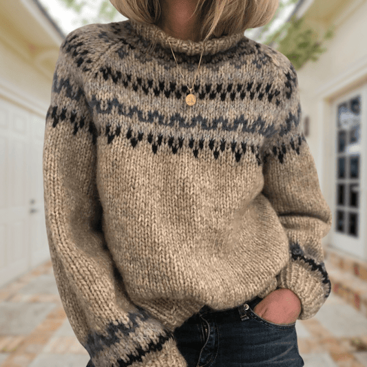 Dames Gebreide Trui met Ronde Hals en Scandinavisch Patroon Lichtbruin