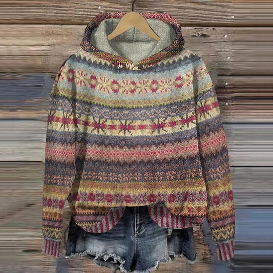 Dames Gebreide Hoodie met Kleurrijk Patroon Bruin