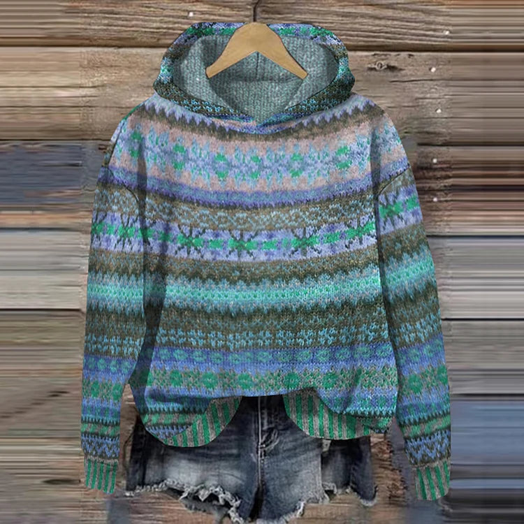 Dames Gebreide Hoodie met Kleurrijk Patroon Blauw