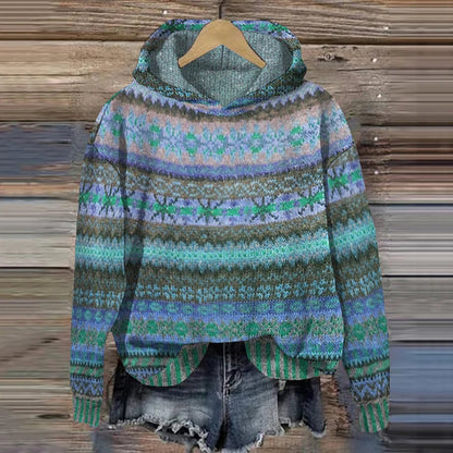 Dames Gebreide Hoodie met Kleurrijk Patroon Blauw