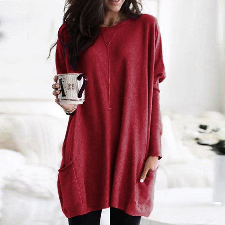 Dames Comfortabele Lange Trui met Praktische Zakken Rood