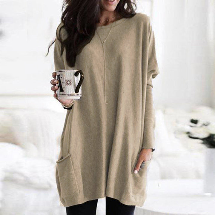 Dames Comfortabele Lange Trui met Praktische Zakken Beige
