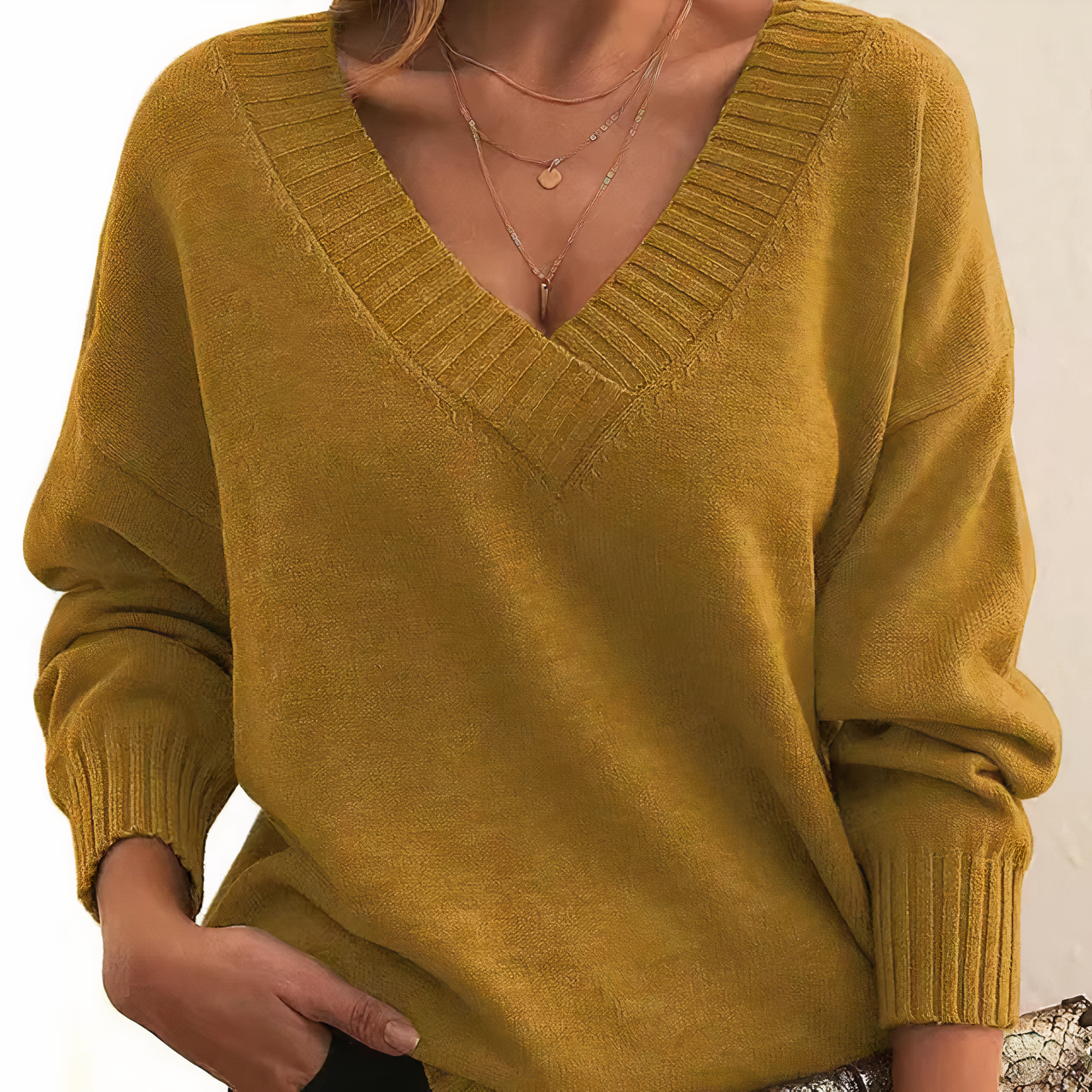 Dames Trui met V-hals voor Herfst en Winter Goud
