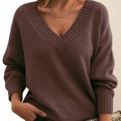 Dames Trui met V-hals voor Herfst en Winter Donkerbruin