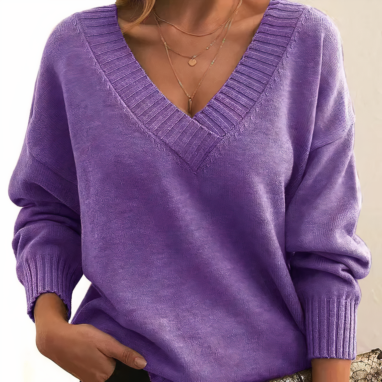 Dames Trui met V-hals voor Herfst en Winter Paars